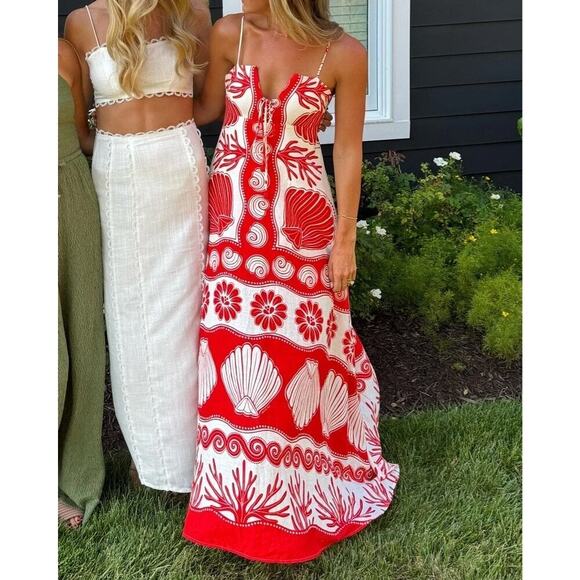 NWT Viral Calypso st Barth Shell Coral Red White Maxi Sun Dress Rio Size M - Picture 3 of 7